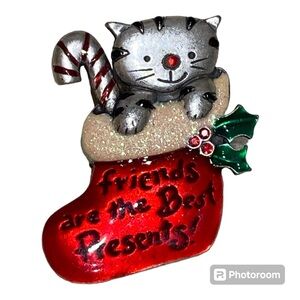 Cat Pin Brooch Christmas Stocking Candy Cane Vintage Holiday Accessory  AJMC